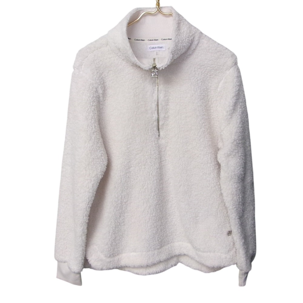 Calvin Klein White Sherpa Fleece Quarter Zip Pullover Mock Neck Jacket Medim